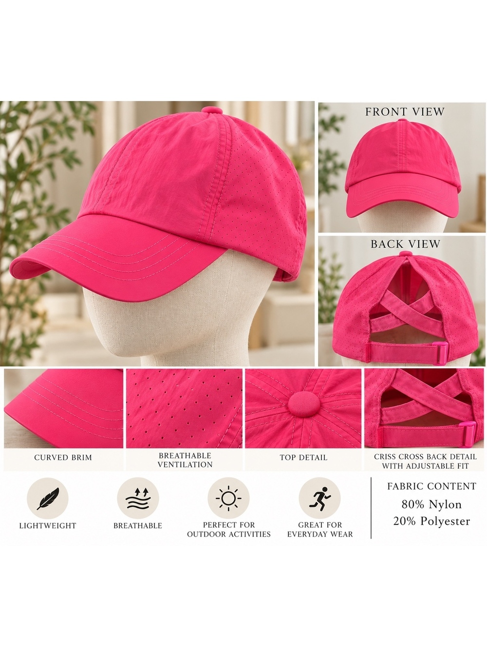 Breathable Adjustable Pink Nylon-Polyester Baseball Cap